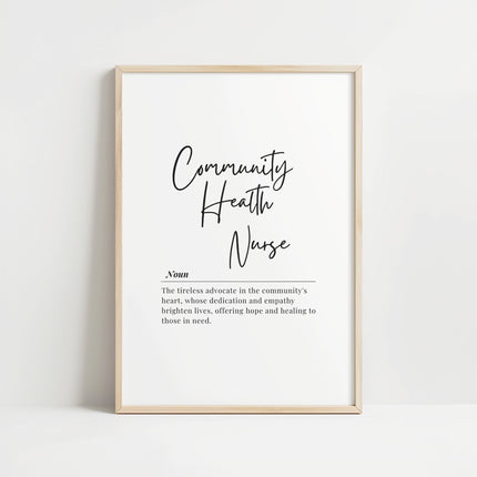 Black script typography spelling 'Community Health Nurse' with serif definition text on clean white background, featuring inspirational quote about advocacy, empathy and healing in minimalist design