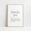 Minimalist black and white typography featuring a Critical Care Nurse definition in elegant script against crisp white background, framed in natural wood, conveying professional inspiration for healthcare environments.