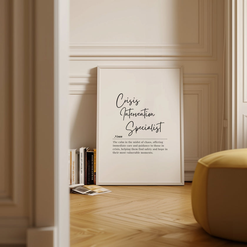 Elegant typography print featuring 'Crisis Intervention Specialist' definition in contrasting script and serif fonts on white background, creating a calm, professional aesthetic ideal for therapy offices.