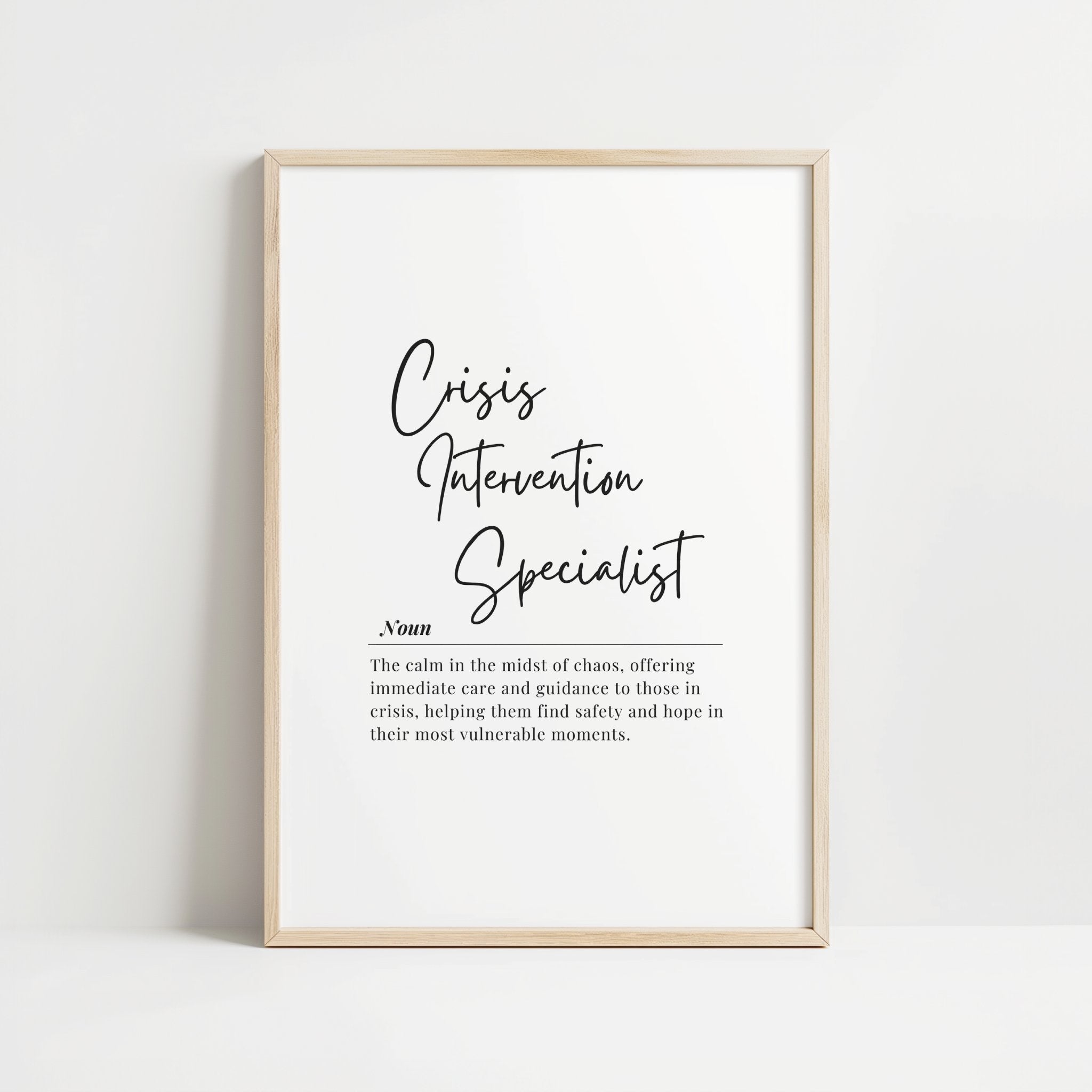 Elegant typography print featuring 'Crisis Intervention Specialist' definition in contrasting script and serif fonts on white background, creating a calm, professional aesthetic ideal for therapy offices.