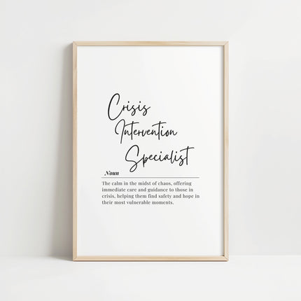 Elegant typography print featuring 'Crisis Intervention Specialist' definition in contrasting script and serif fonts on white background, creating a calm, professional aesthetic ideal for therapy offices.