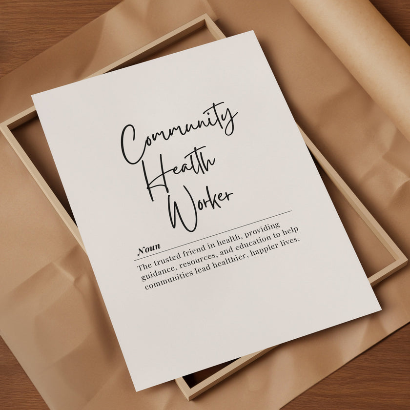 Elegant black script typography displaying 'Community Health Worker' definition against clean white background, paired with professional serif font text describing their role as trusted health guides and educators.