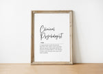 Minimalist typography art displaying 'Clinical Psychologist' in bold black script on white background with elegant serif font definition, creating a professional, calming atmosphere