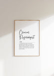 Minimalist typography art displaying 'Clinical Psychologist' in bold black script on white background with elegant serif font definition, creating a professional, calming atmosphere