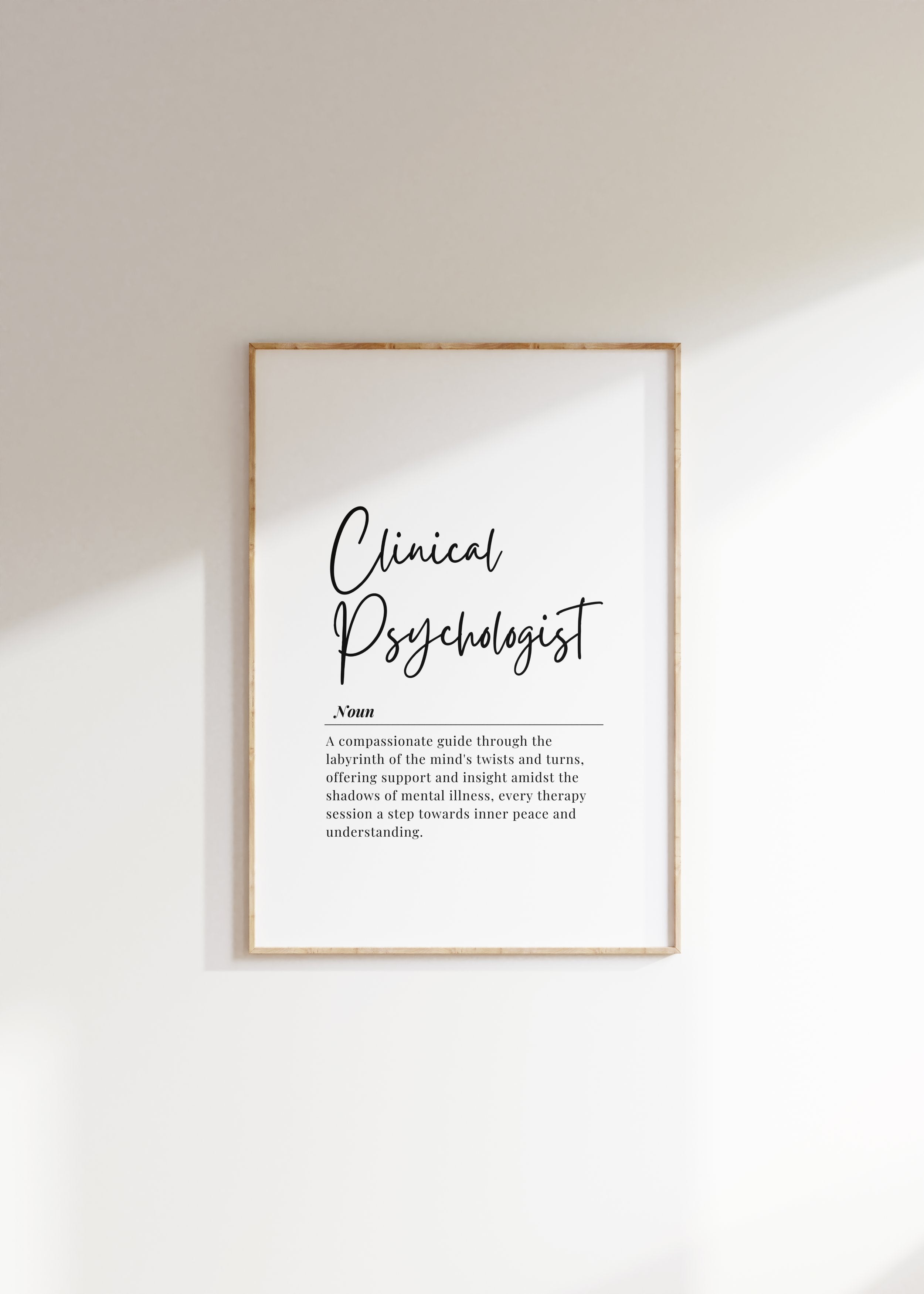 Minimalist typography art displaying 'Clinical Psychologist' in bold black script on white background with elegant serif font definition, creating a professional, calming atmosphere