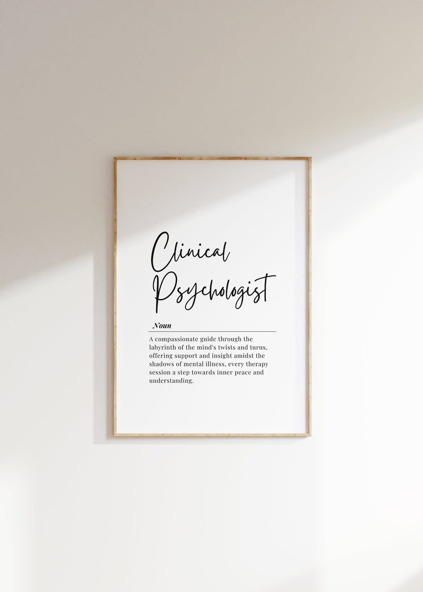 Minimalist typography art displaying 'Clinical Psychologist' in bold black script on white background with elegant serif font definition, creating a professional, calming atmosphere