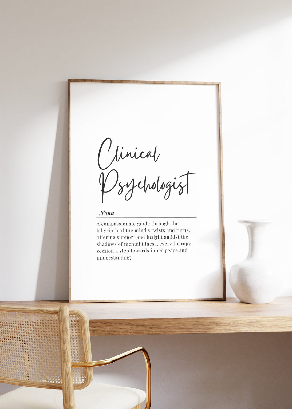 Minimalist typography art displaying 'Clinical Psychologist' in bold black script on white background with elegant serif font definition, creating a professional, calming atmosphere
