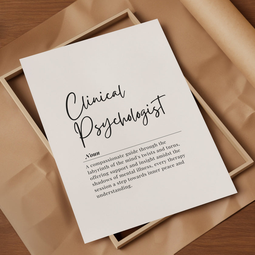 Minimalist typography art displaying 'Clinical Psychologist' in bold black script on white background with elegant serif font definition, creating a professional, calming atmosphere