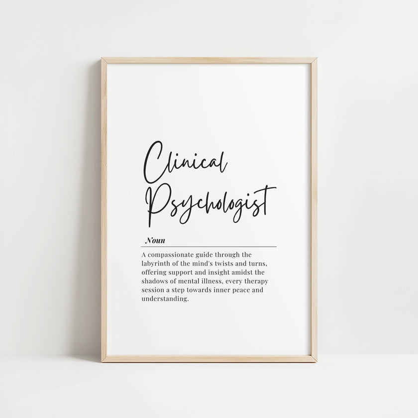 Minimalist typography art displaying 'Clinical Psychologist' in bold black script on white background with elegant serif font definition, creating a professional, calming atmosphere