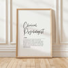 Minimalist typography art displaying 'Clinical Psychologist' in bold black script on white background with elegant serif font definition, creating a professional, calming atmosphere
