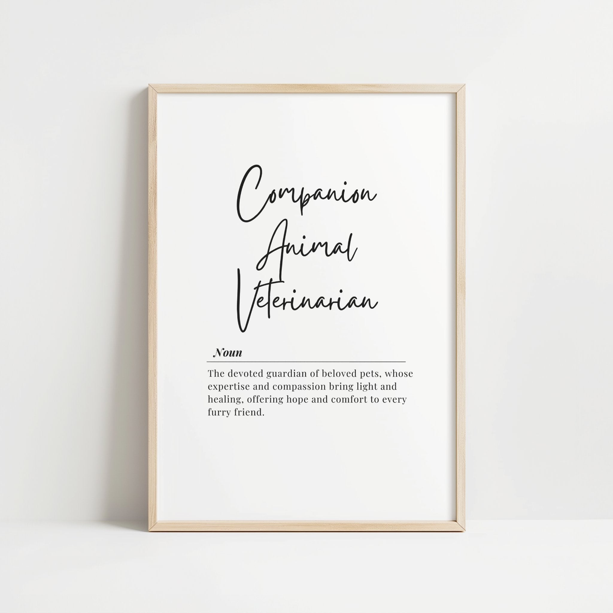 Black minimalist typography print featuring 'Companion Animal Veterinarian' in elegant script and serif fonts on white background, conveying warmth and professionalism perfect for modern clinic spaces.