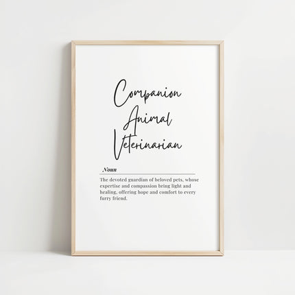 Black minimalist typography print featuring 'Companion Animal Veterinarian' in elegant script and serif fonts on white background, conveying warmth and professionalism perfect for modern clinic spaces.