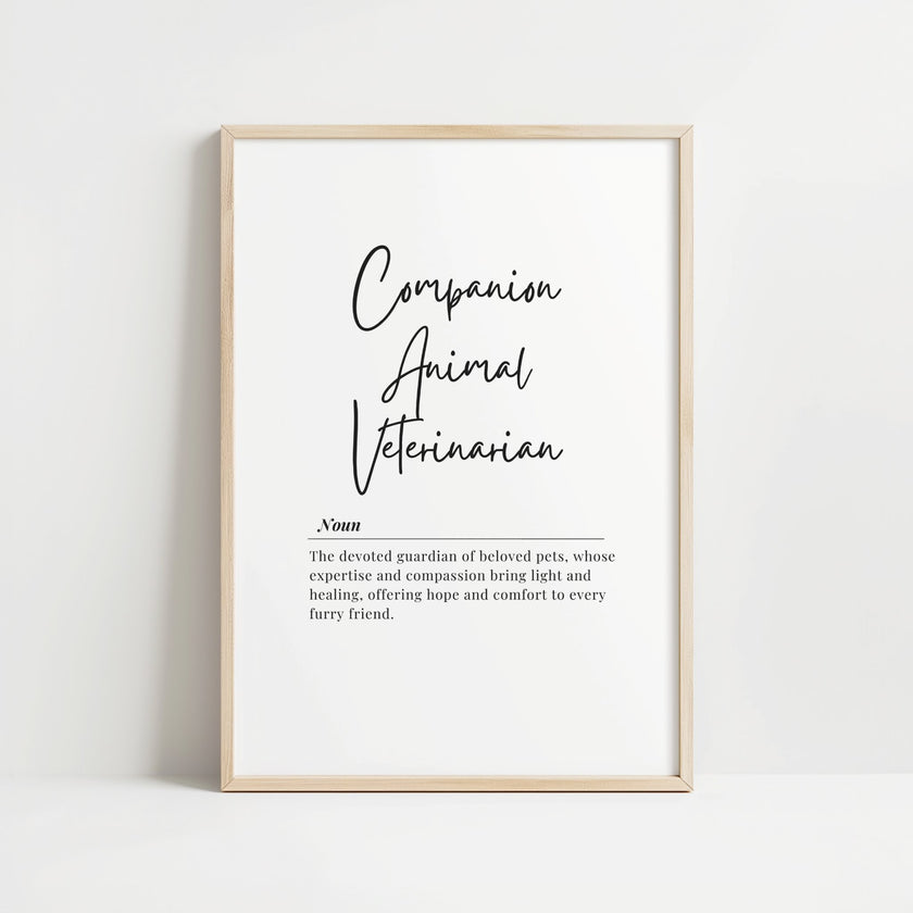 Black minimalist typography print featuring 'Companion Animal Veterinarian' in elegant script and serif fonts on white background, conveying warmth and professionalism perfect for modern clinic spaces.