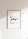 Elegant black typography featuring 'Clinical Pathologist' in script font above a professional definition on crisp white background in wooden frame, creating a sophisticated minimalist medical decor piece.
