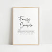 Black and white minimalist print featuring 'Family Counselor' definition in elegant script font against white background, creating a calming professional aesthetic with Scandinavian design influence.