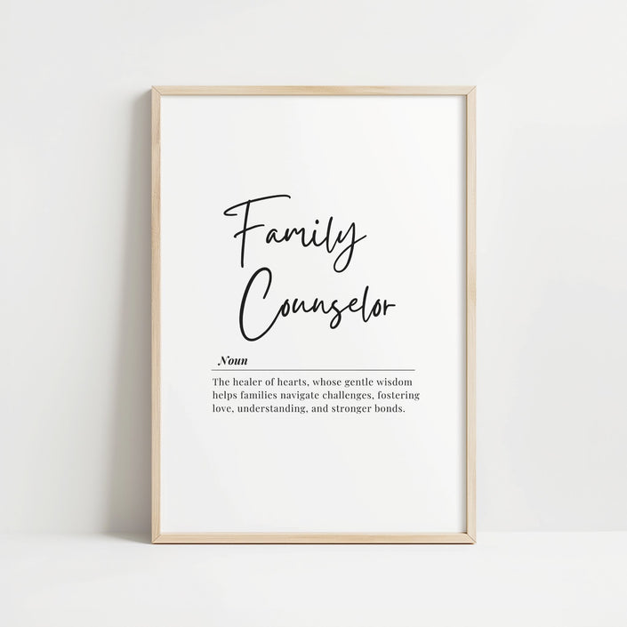 Black and white minimalist print featuring 'Family Counselor' definition in elegant script font against white background, creating a calming professional aesthetic with Scandinavian design influence.