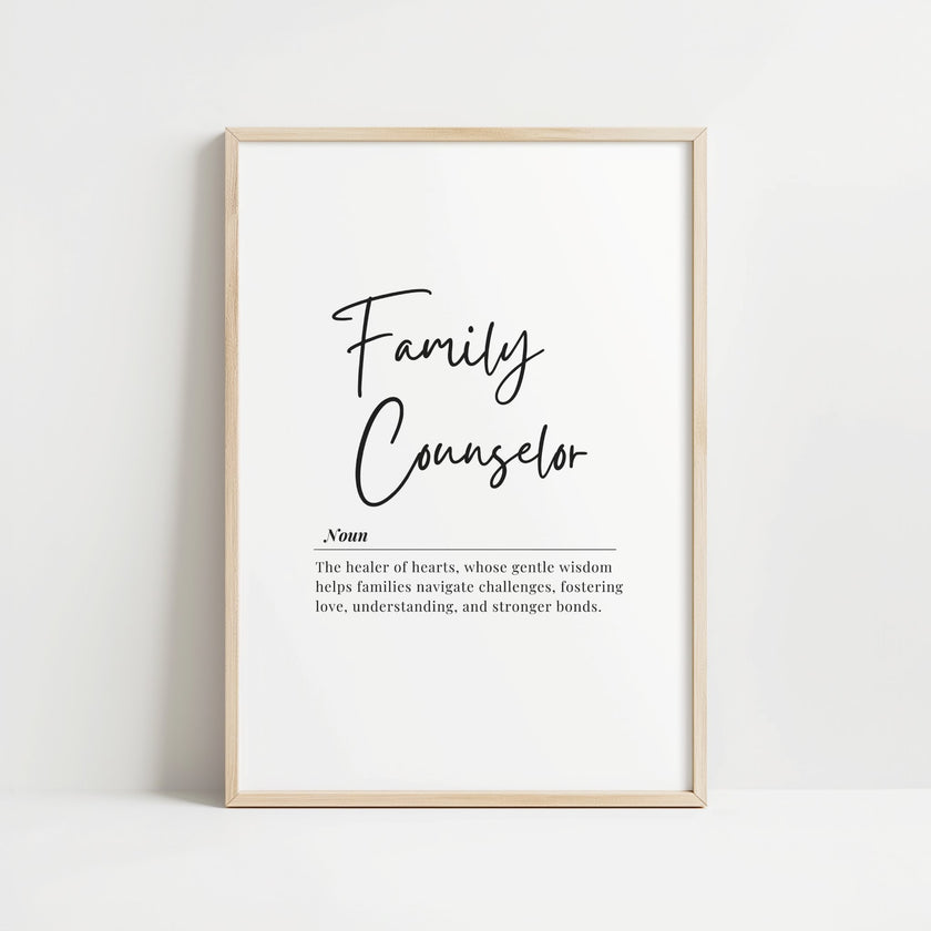 Black and white minimalist print featuring 'Family Counselor' definition in elegant script font against white background, creating a calming professional aesthetic with Scandinavian design influence.
