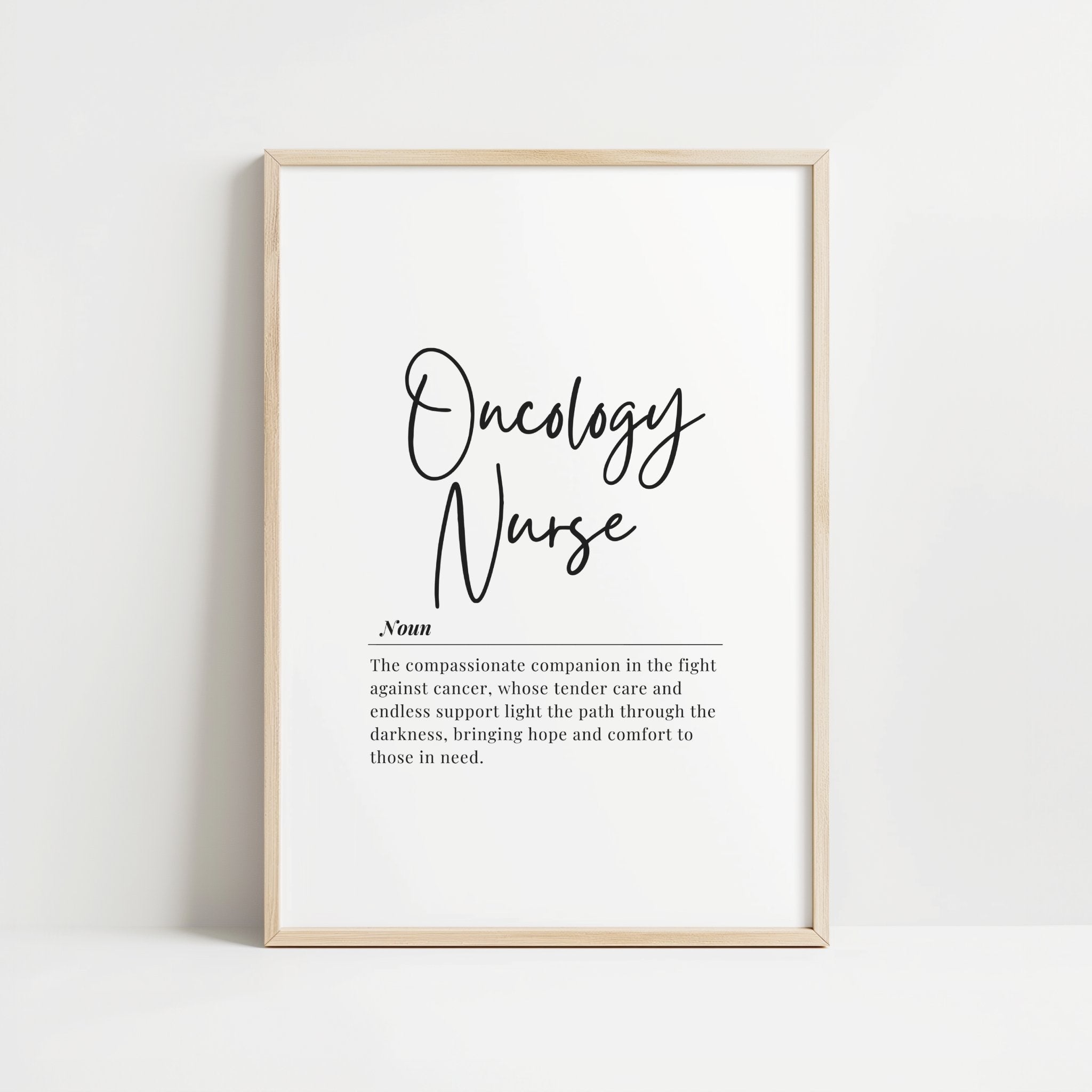 Minimalist black typography on white background featuring elegant oncology nurse definition with flowing script and serif fonts, creating a professional yet heartfelt atmosphere