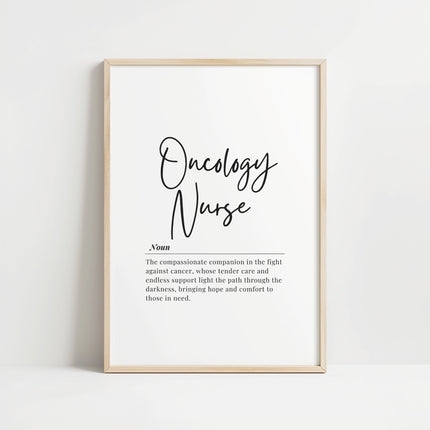 Minimalist black typography on white background featuring elegant oncology nurse definition with flowing script and serif fonts, creating a professional yet heartfelt atmosphere