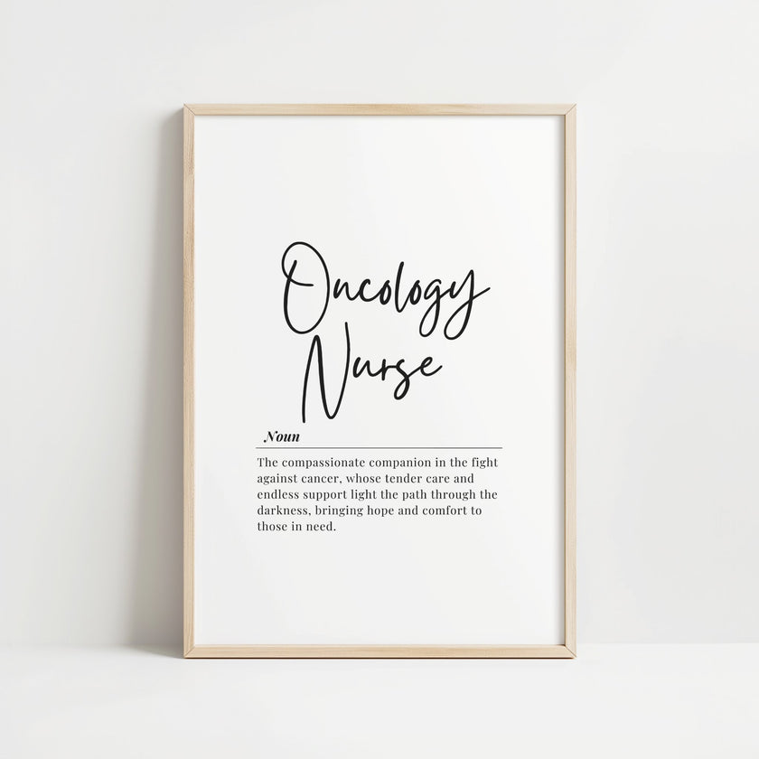 Minimalist black typography on white background featuring elegant oncology nurse definition with flowing script and serif fonts, creating a professional yet heartfelt atmosphere