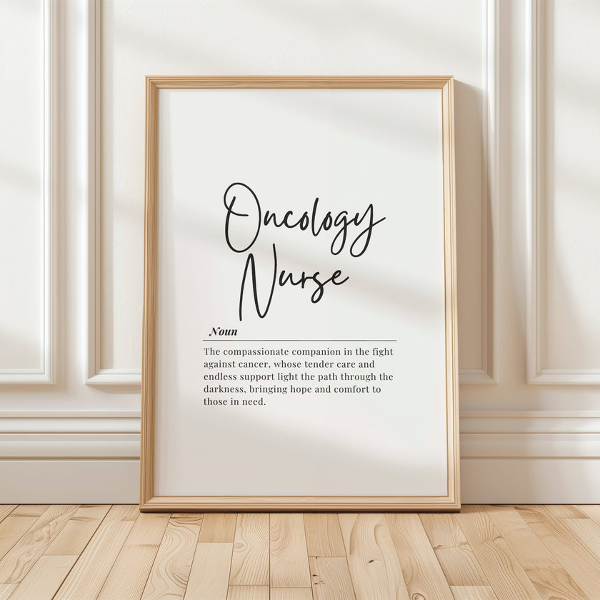 Minimalist black typography on white background featuring elegant oncology nurse definition with flowing script and serif fonts, creating a professional yet heartfelt atmosphere