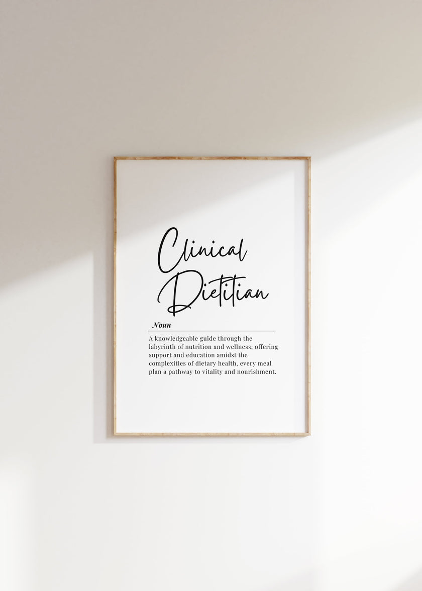 Black and white minimalist typography print featuring 'Clinical Dietitian' in elegant script font with professional definition text on white background, creating a sophisticated and inspirational healthcare office decor piece.