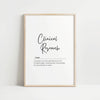 Minimalist typography print featuring 'Clinical Research' definition in elegant black script against white background, creating an inspiring professional atmosphere ideal for healthcare environments.