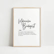 Modern typography print with 'Molecular Biologist' in black script on white background, featuring professional definition text in serif font, ideal for science offices and laboratories.