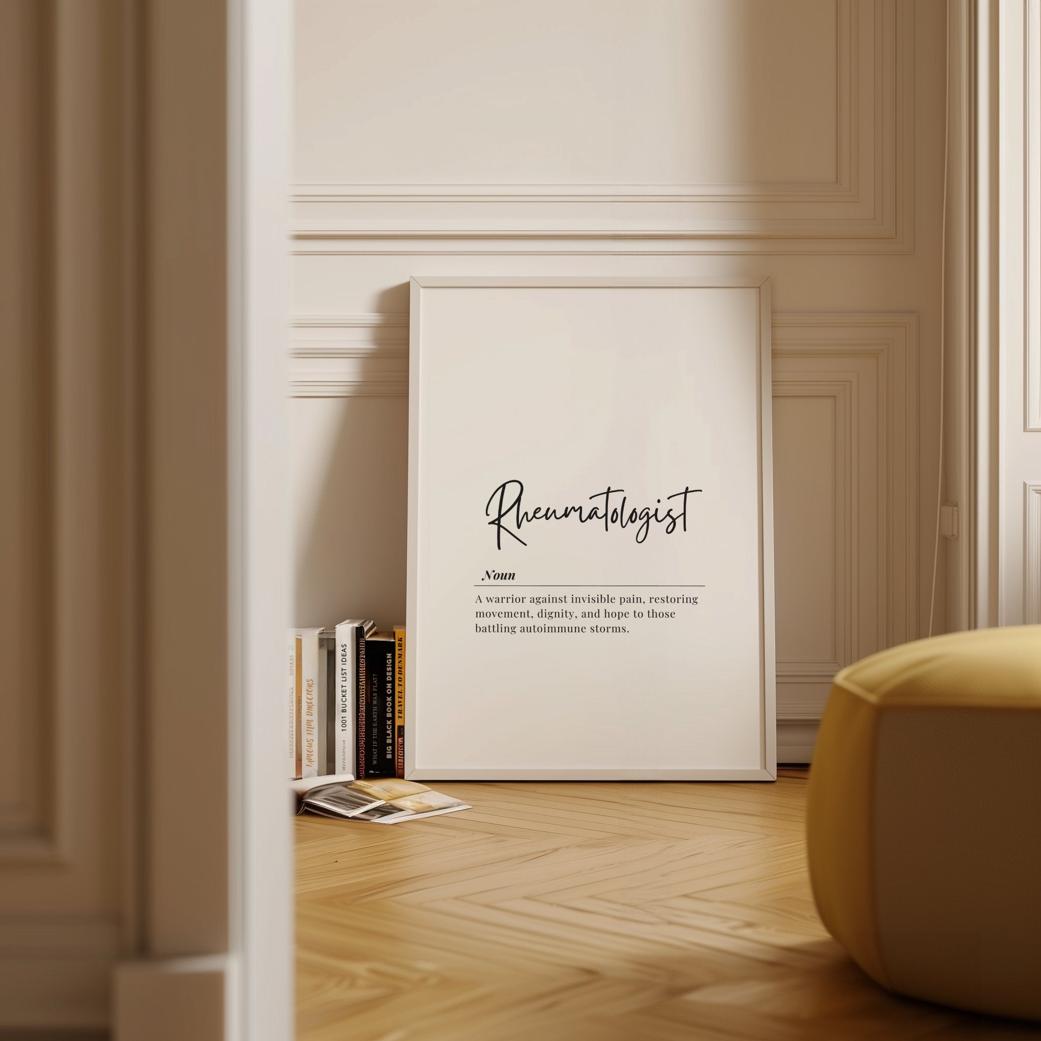 Elegant typography poster featuring 'Rheumatologist' in sleek black script with italicized definition against white background, framed by natural wood for a sophisticated, minimalist medical office aesthetic.