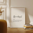 Elegant typography poster featuring 'Rheumatologist' in sleek black script with italicized definition against white background, framed by natural wood for a sophisticated, minimalist medical office aesthetic.