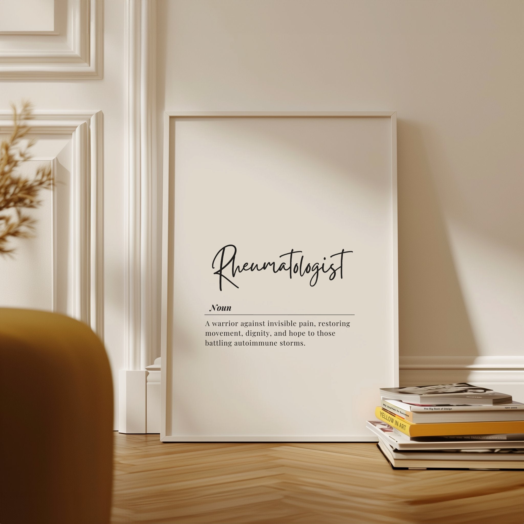 Elegant typography poster featuring 'Rheumatologist' in sleek black script with italicized definition against white background, framed by natural wood for a sophisticated, minimalist medical office aesthetic.