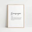 Minimalist typographic neurosurgeon definition print with elegant black serif font on white background, featuring poetic description of neurosurgery in a sophisticated, professional layout perfect for medical offices.