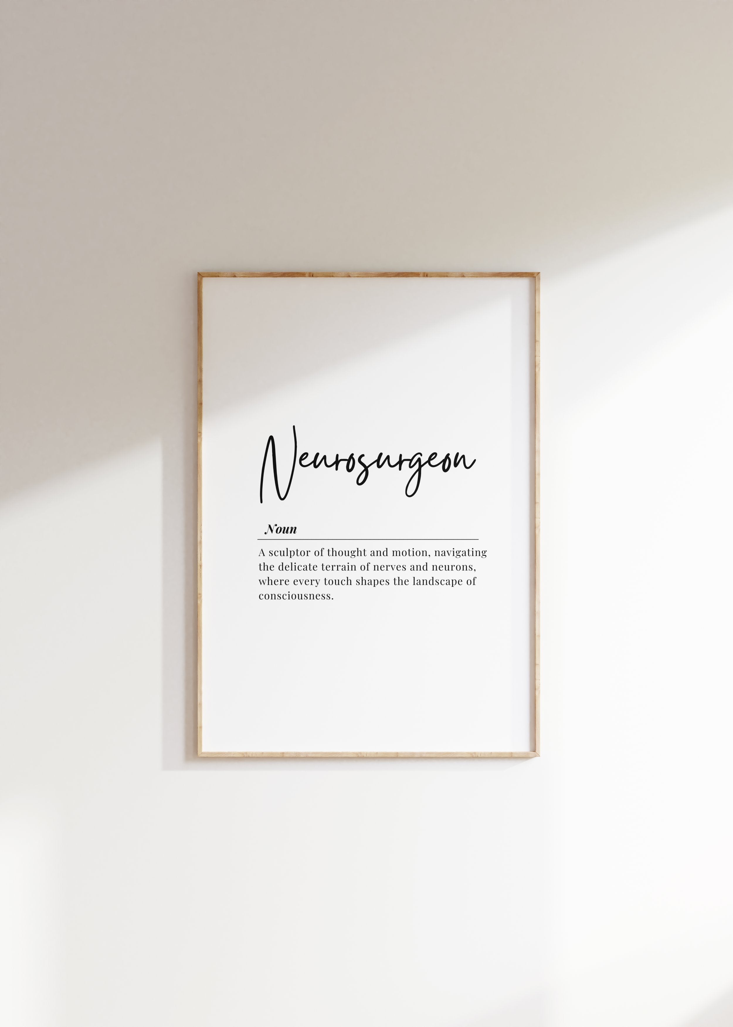 Minimalist typographic neurosurgeon definition print with elegant black serif font on white background, featuring poetic description of neurosurgery in a sophisticated, professional layout perfect for medical offices.