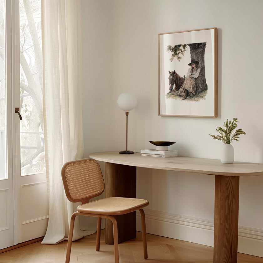 Serene vintage illustration of a cowgirl in period attire resting against a tree with her horse, rendered in earthy sepia and olive tones with a rustic border frame, evoking peaceful nostalgia.
