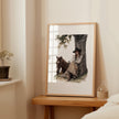 Serene vintage illustration of a cowgirl in period attire resting against a tree with her horse, rendered in earthy sepia and olive tones with a rustic border frame, evoking peaceful nostalgia.