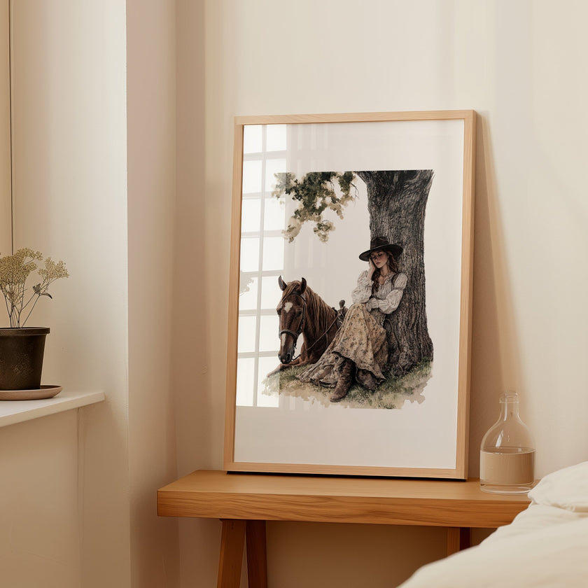 Serene vintage illustration of a cowgirl in period attire resting against a tree with her horse, rendered in earthy sepia and olive tones with a rustic border frame, evoking peaceful nostalgia.