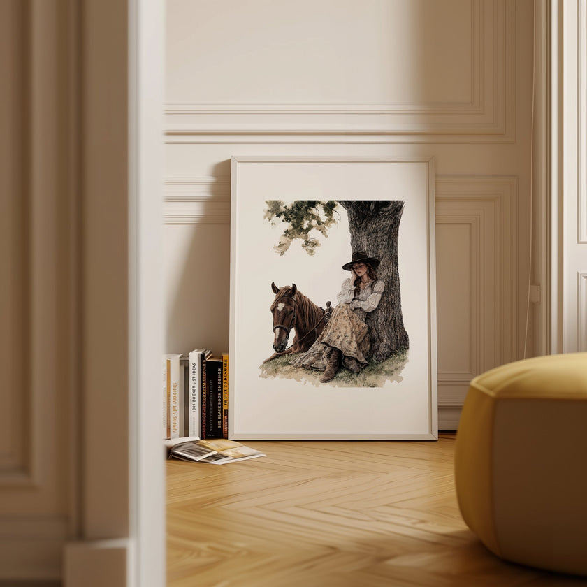 Serene vintage illustration of a cowgirl in period attire resting against a tree with her horse, rendered in earthy sepia and olive tones with a rustic border frame, evoking peaceful nostalgia.