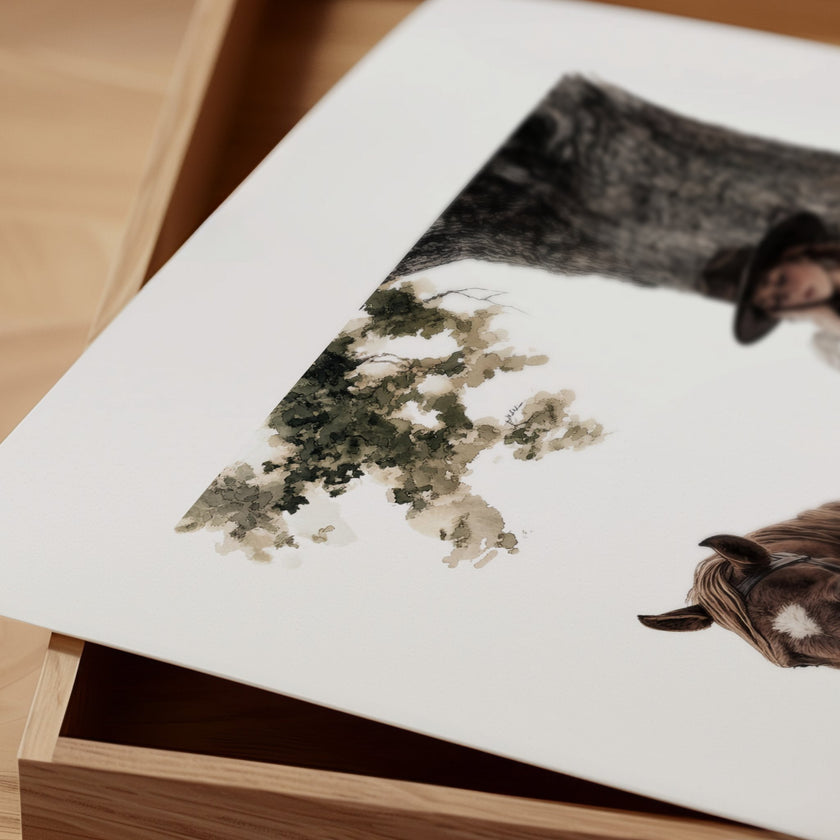Serene vintage illustration of a cowgirl in period attire resting against a tree with her horse, rendered in earthy sepia and olive tones with a rustic border frame, evoking peaceful nostalgia.