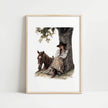 Serene vintage illustration of a cowgirl in period attire resting against a tree with her horse, rendered in earthy sepia and olive tones with a rustic border frame, evoking peaceful nostalgia.