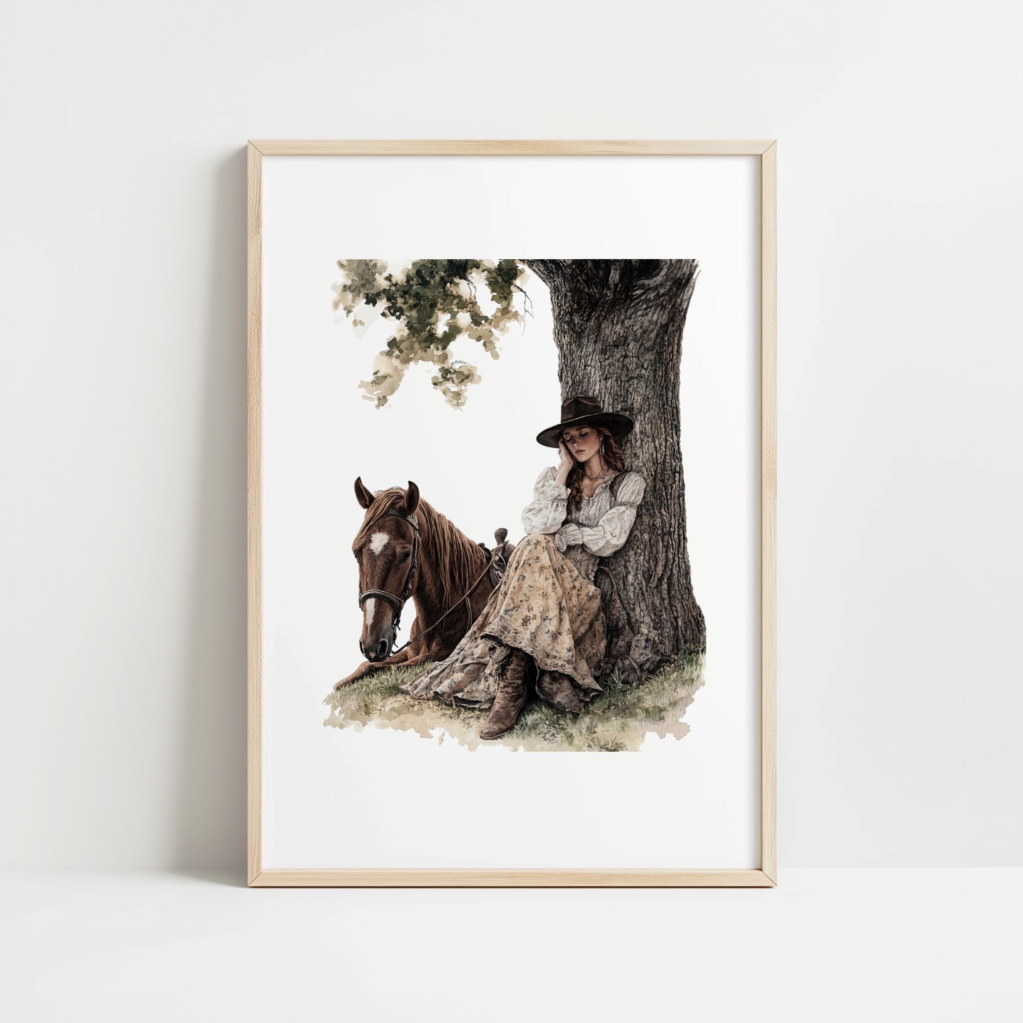 Serene vintage illustration of a cowgirl in period attire resting against a tree with her horse, rendered in earthy sepia and olive tones with a rustic border frame, evoking peaceful nostalgia.