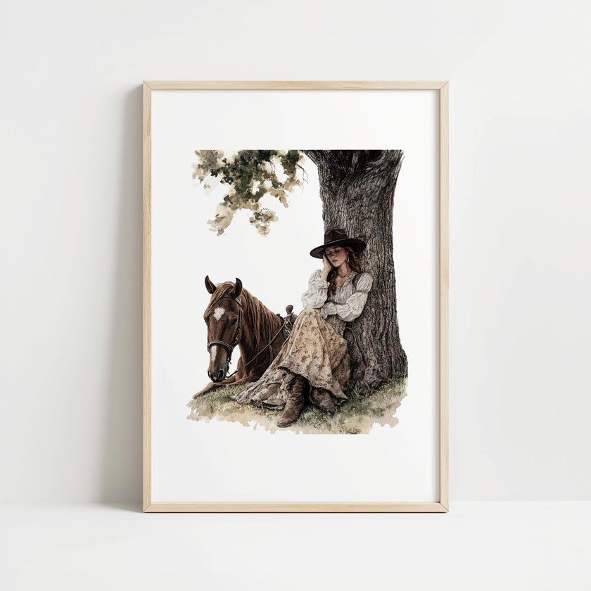 Serene vintage illustration of a cowgirl in period attire resting against a tree with her horse, rendered in earthy sepia and olive tones with a rustic border frame, evoking peaceful nostalgia.