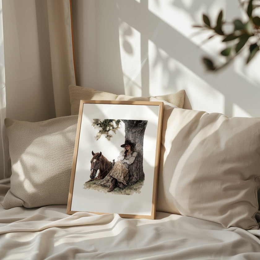 Serene vintage illustration of a cowgirl in period attire resting against a tree with her horse, rendered in earthy sepia and olive tones with a rustic border frame, evoking peaceful nostalgia.