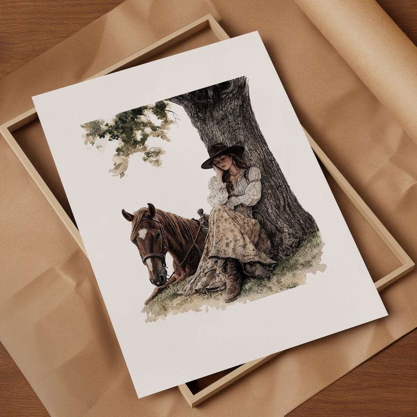 Serene vintage illustration of a cowgirl in period attire resting against a tree with her horse, rendered in earthy sepia and olive tones with a rustic border frame, evoking peaceful nostalgia.