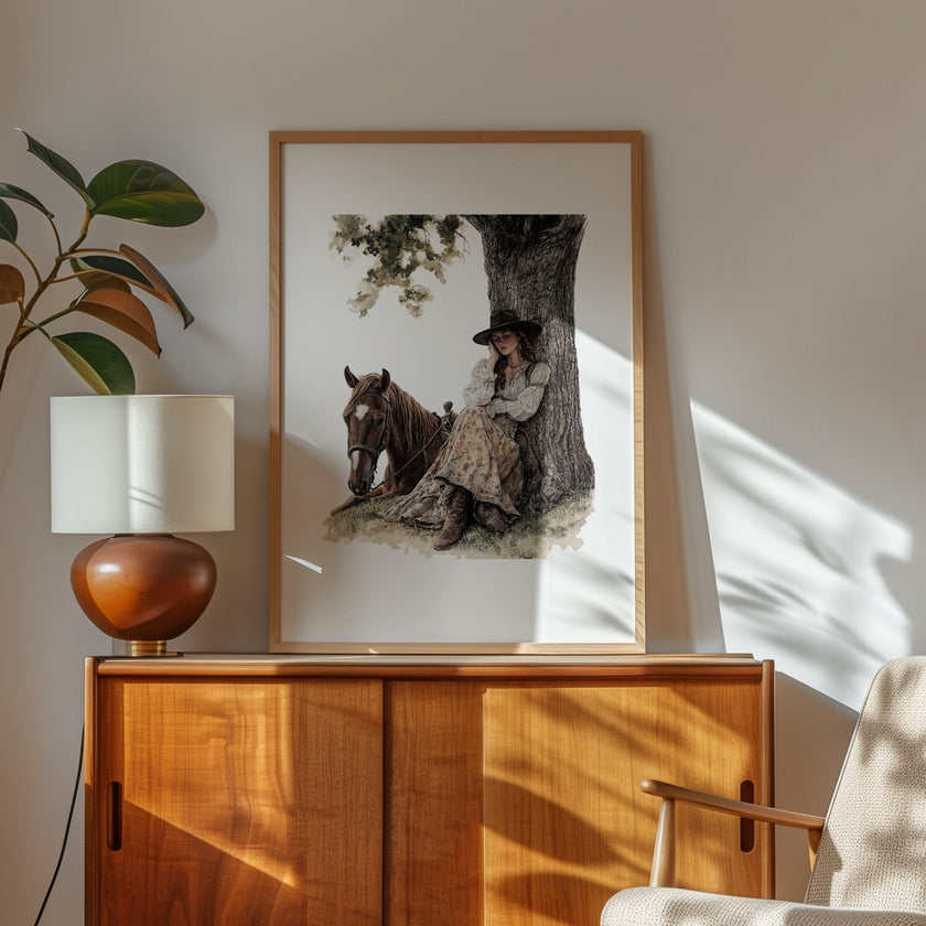 Serene vintage illustration of a cowgirl in period attire resting against a tree with her horse, rendered in earthy sepia and olive tones with a rustic border frame, evoking peaceful nostalgia.