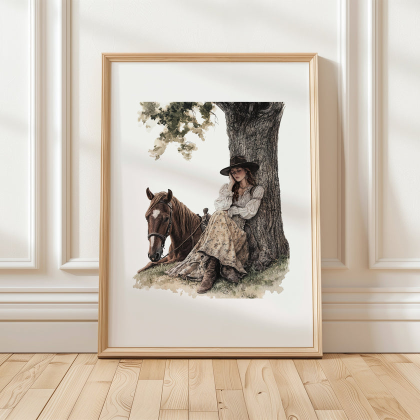 Serene vintage illustration of a cowgirl in period attire resting against a tree with her horse, rendered in earthy sepia and olive tones with a rustic border frame, evoking peaceful nostalgia.