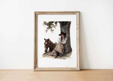 Serene vintage illustration of a cowgirl in period attire resting against a tree with her horse, rendered in earthy sepia and olive tones with a rustic border frame, evoking peaceful nostalgia.