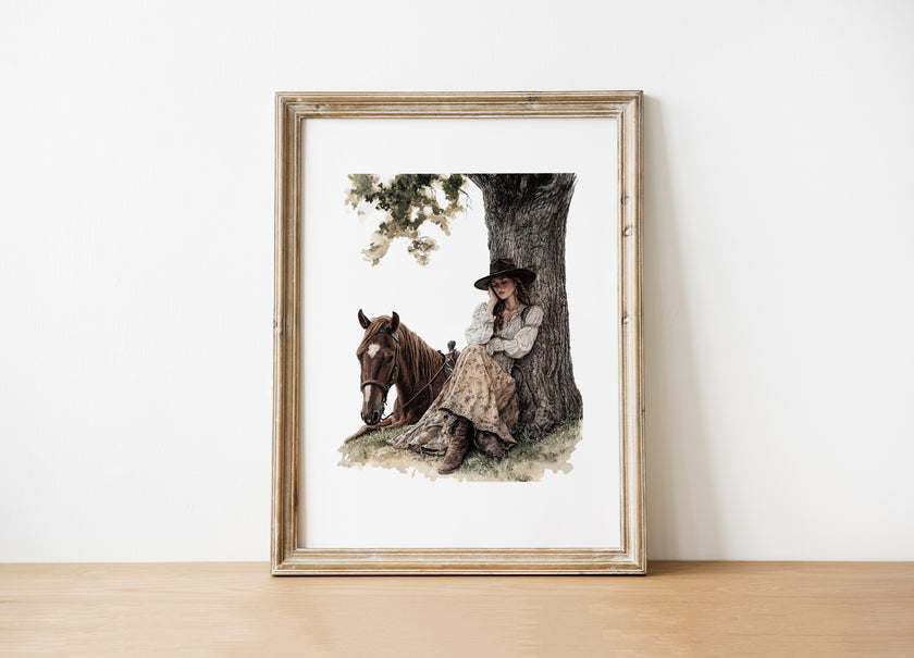 Serene vintage illustration of a cowgirl in period attire resting against a tree with her horse, rendered in earthy sepia and olive tones with a rustic border frame, evoking peaceful nostalgia.