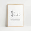 Modern typography print featuring 'Nurse Administrator' in elegant script font with inspirational definition in serif typeface against clean white background, creating a professional yet warm atmosphere.