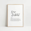 Minimalist black and white typography print featuring the Nurse Anesthetist definition in elegant script and serif fonts, presented in a sophisticated wooden frame perfect for healthcare settings.