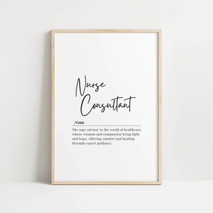 Clean, modern typography featuring 'Nurse Consultant' in elegant script font with definition text in serif style against white background, creating a sophisticated, minimalist design for professional healthcare spaces.